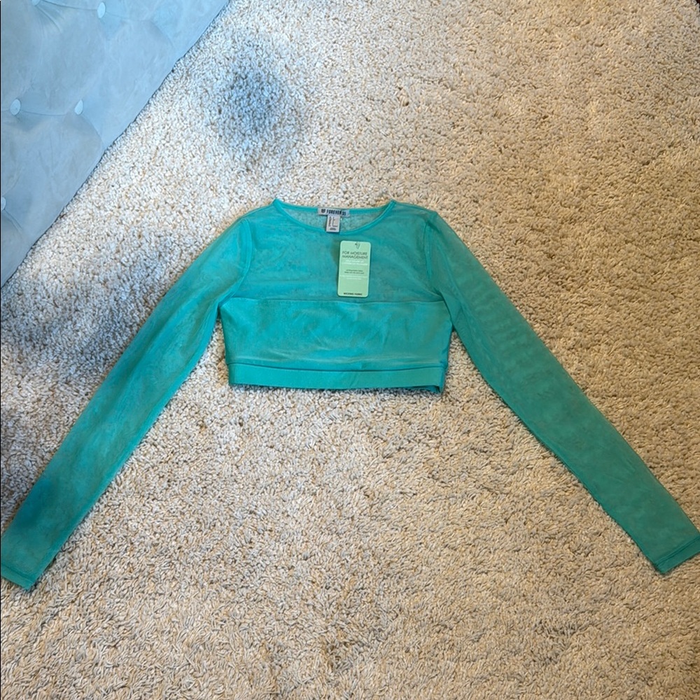 Sheer Long Sleeve Crop Top Teal Small swim wicking fabric new forever 21